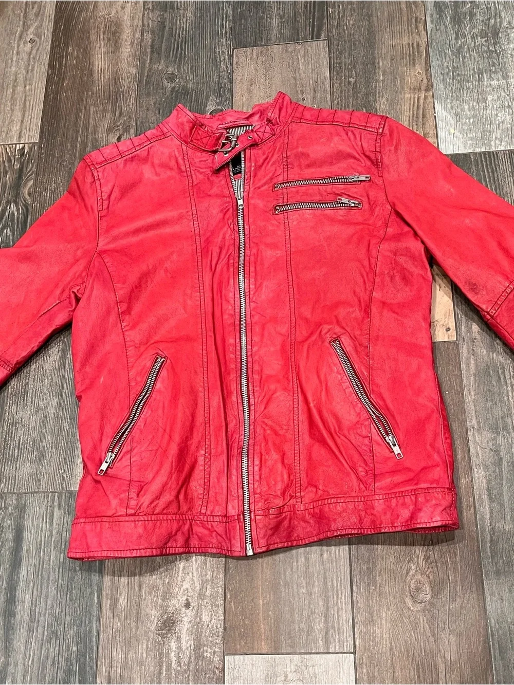 ZARA MAN Moda Sport Moto Red 100% Goat LEATHER JACKET ZIPS L 2710/301/600
